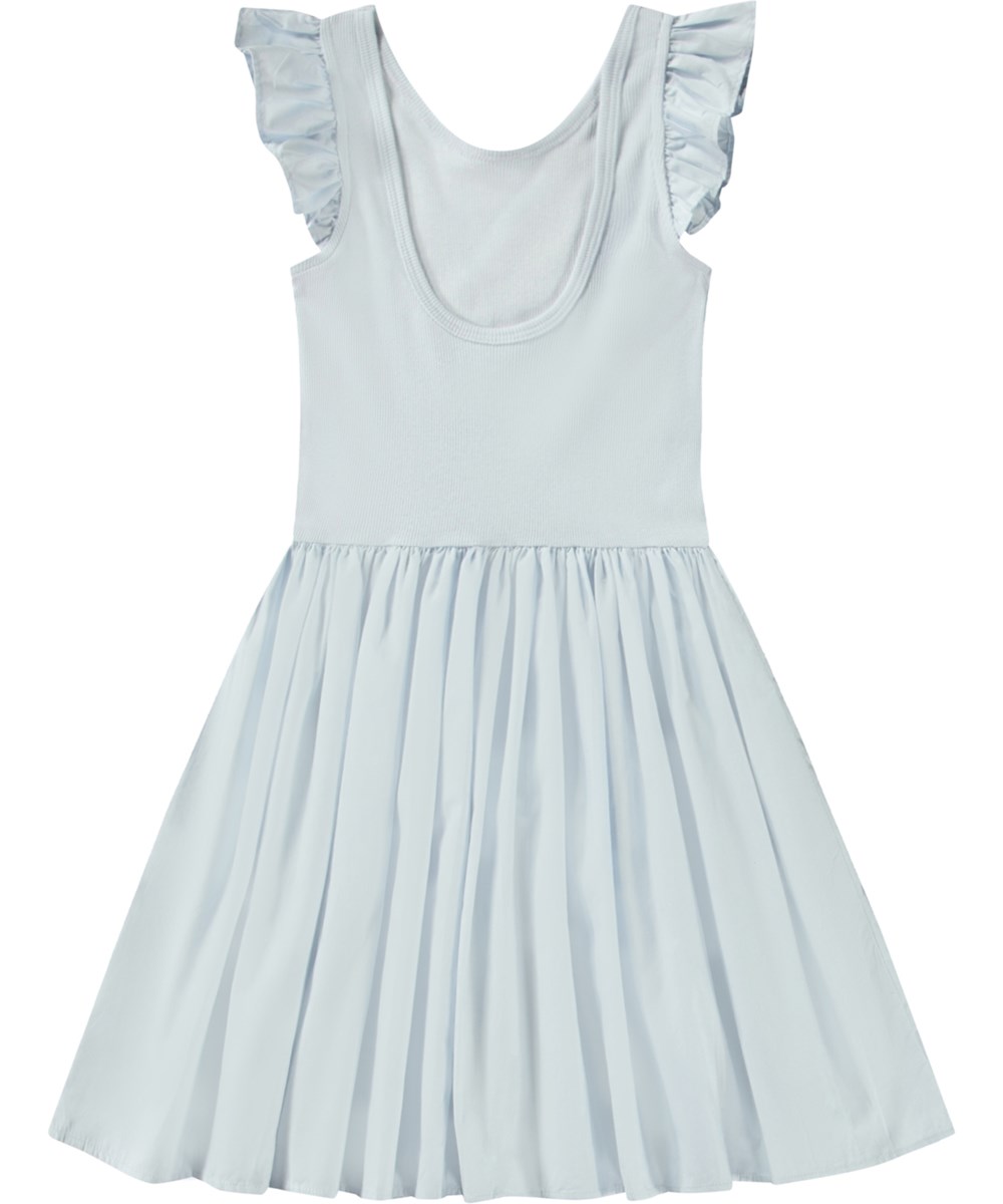 Cloudia - Skywriting - Light blue knee-length dress for children in organic cotton with poplin skirt.