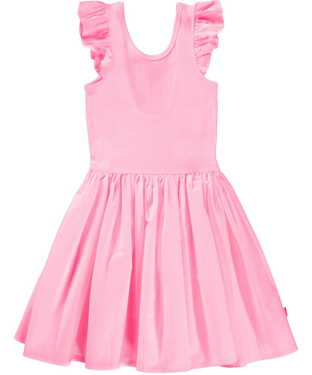 Cloudia - Sunset Pink - Pink dress in organic cotton with ruffles at the shoulders