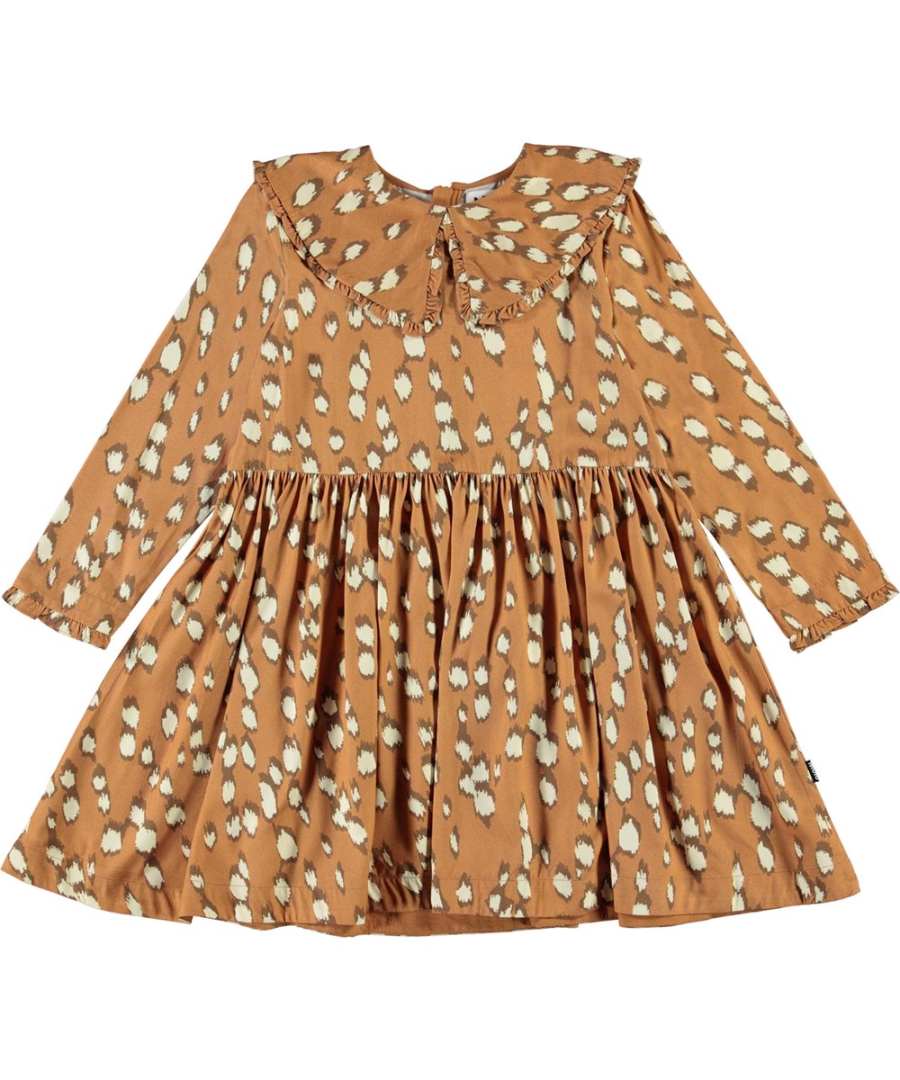 Coco - Graphic Deer - Beige dress with white spots and collar 