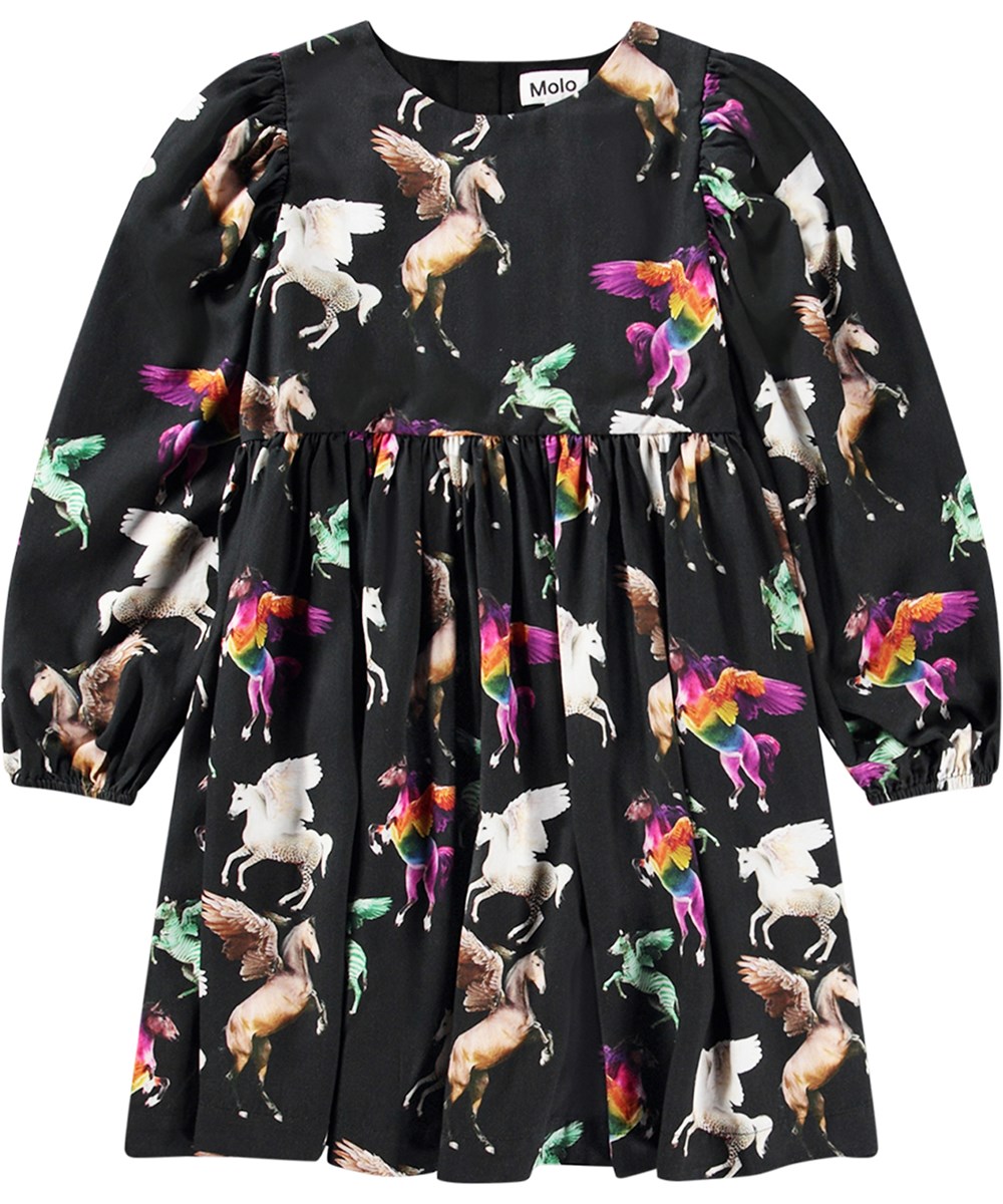 Cocos - Flying Pegasus - Elegant black knee-length dress with oversized fit and ruffled details.