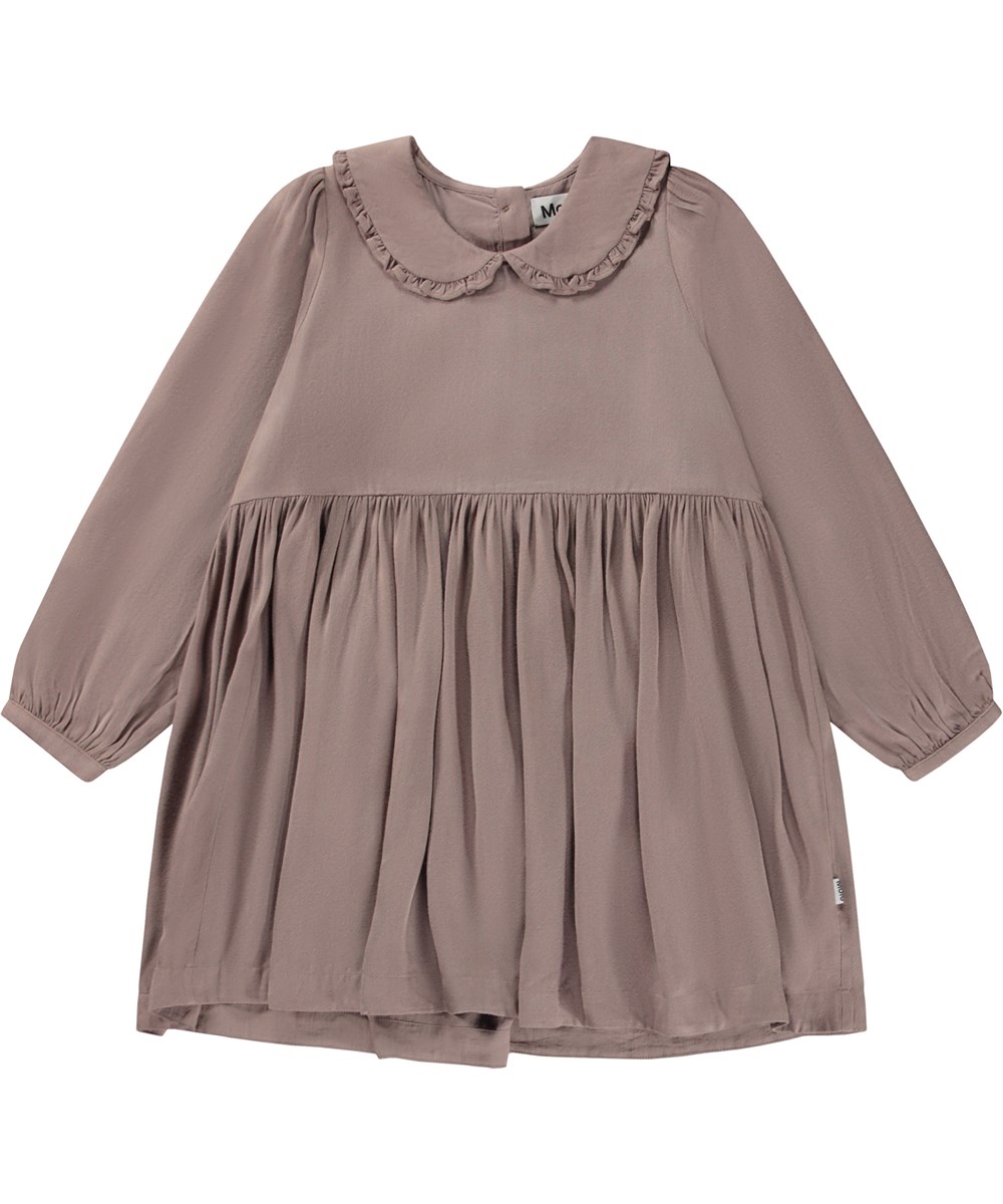Coline - Moth Grey - Grey brown knee length dress with Peter Pan collar