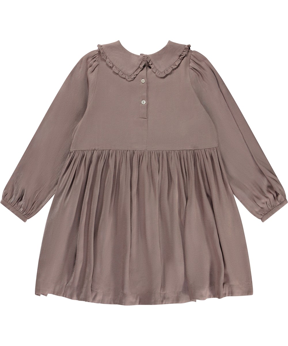 Coline - Moth Grey - Grey brown knee length dress with Peter Pan collar