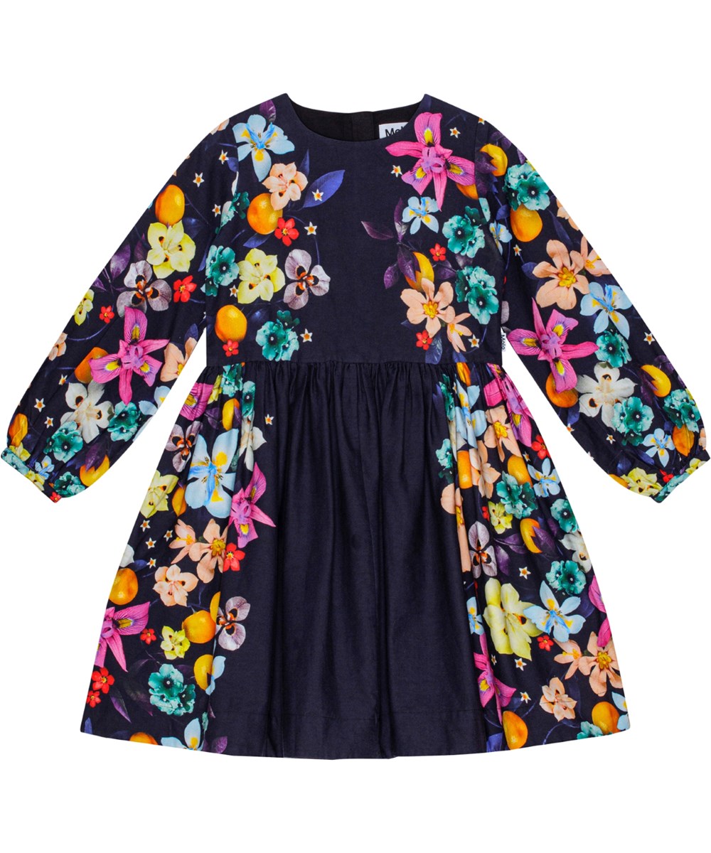 Como - Vertical Garden - Black cotton dress with round neckline, long sleeves, and floral print.