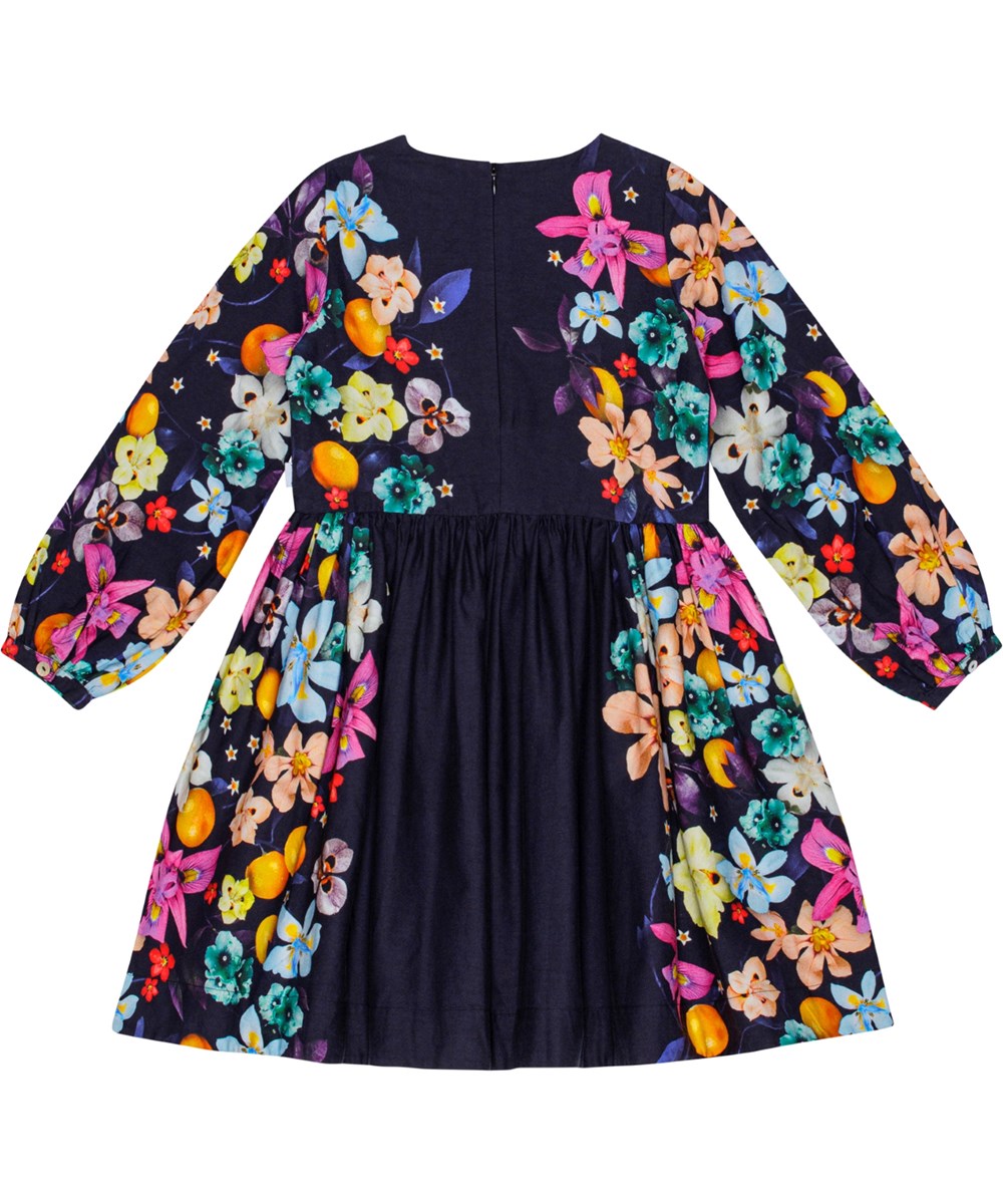 Como - Vertical Garden - Black cotton dress with round neckline, long sleeves, and floral print.
