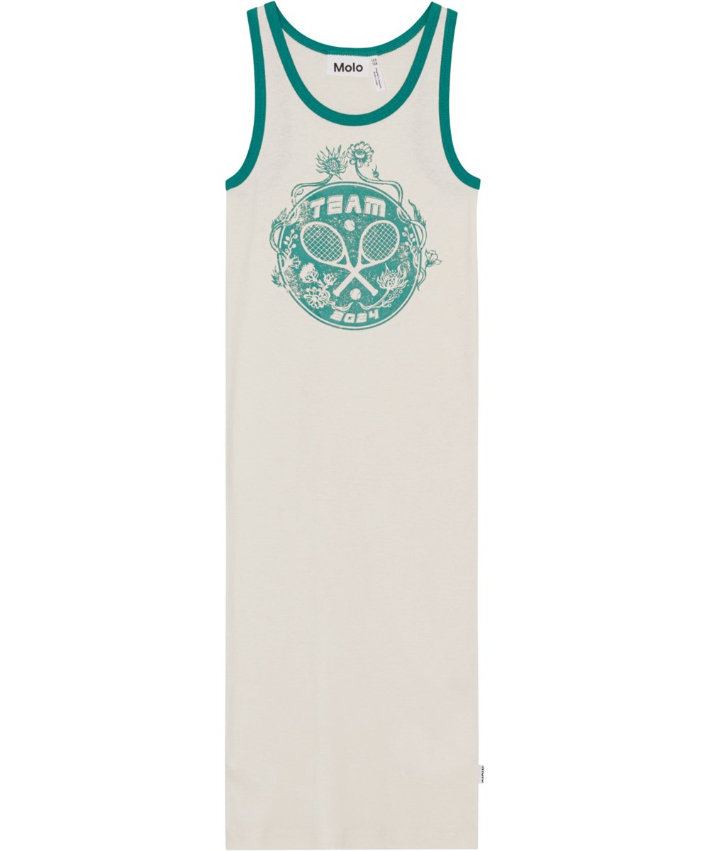 Comosita - Team 2024 - Off-white, snug fitting strap dress in organic cotton with tennis racquet print