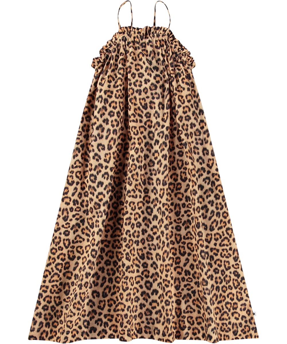 Connie - Allover Leo - Loose dress for children with cheetah print in organic cotton with thin straps and frill edge.