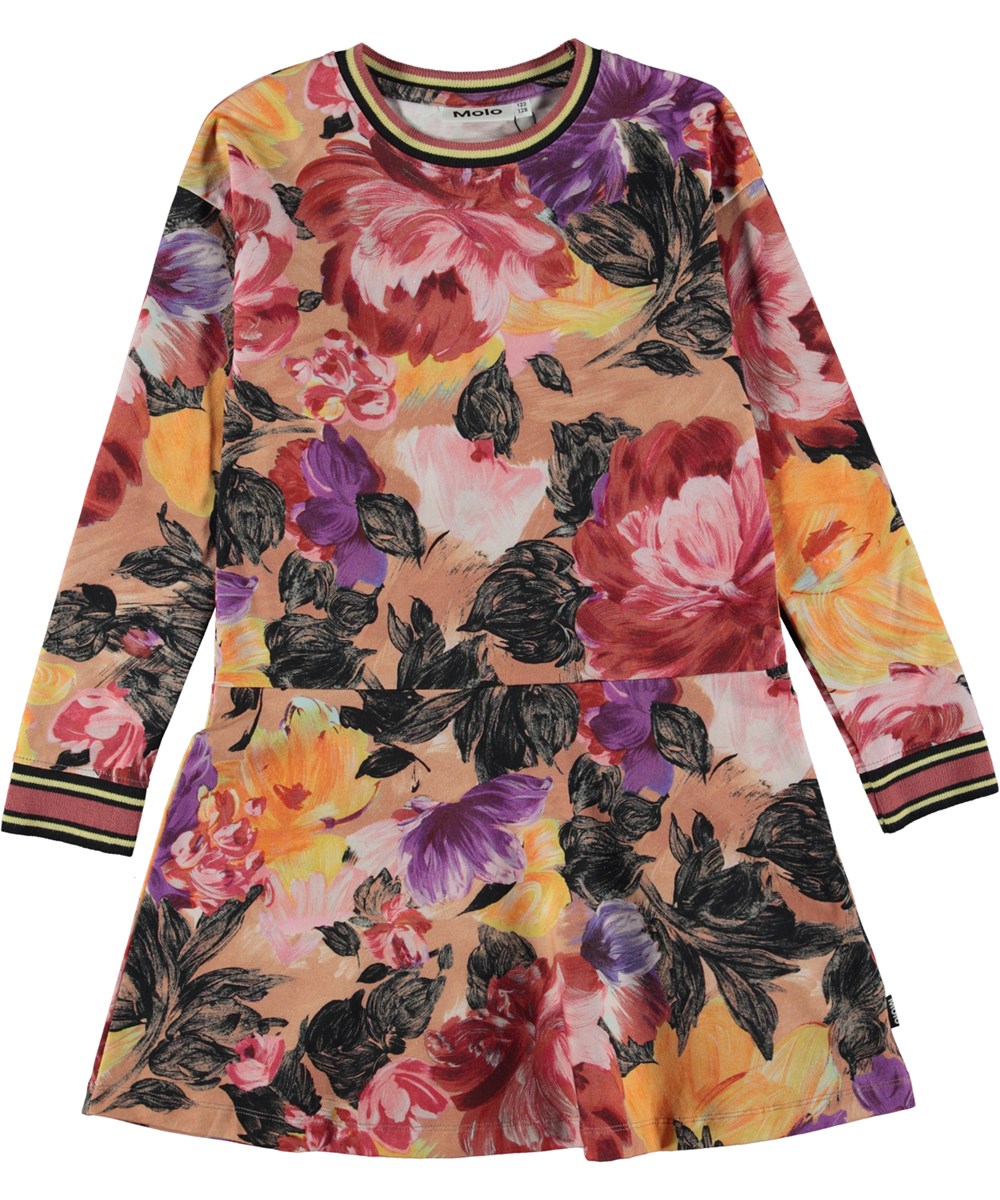Conny - Artist Flowers - Rose and purple knee length organic dress in all over floral print and striped rib edge 