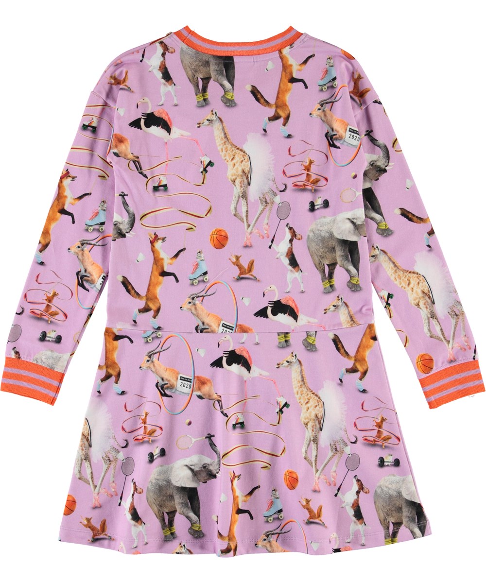 Conny - Made For Motion - Purple organic dress with animals 