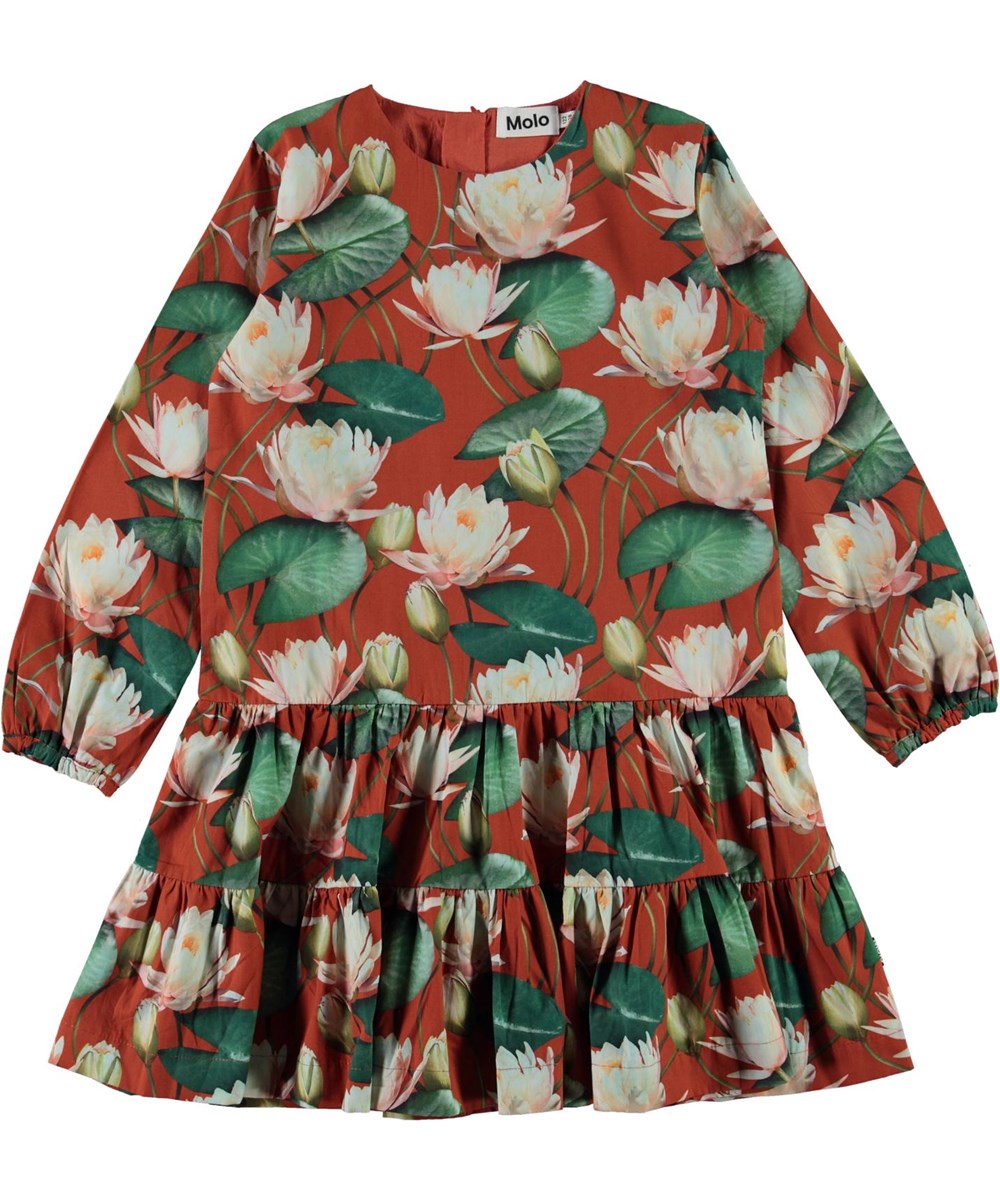 Cora - Autumn Lilies - Brown organic dress with water lily print