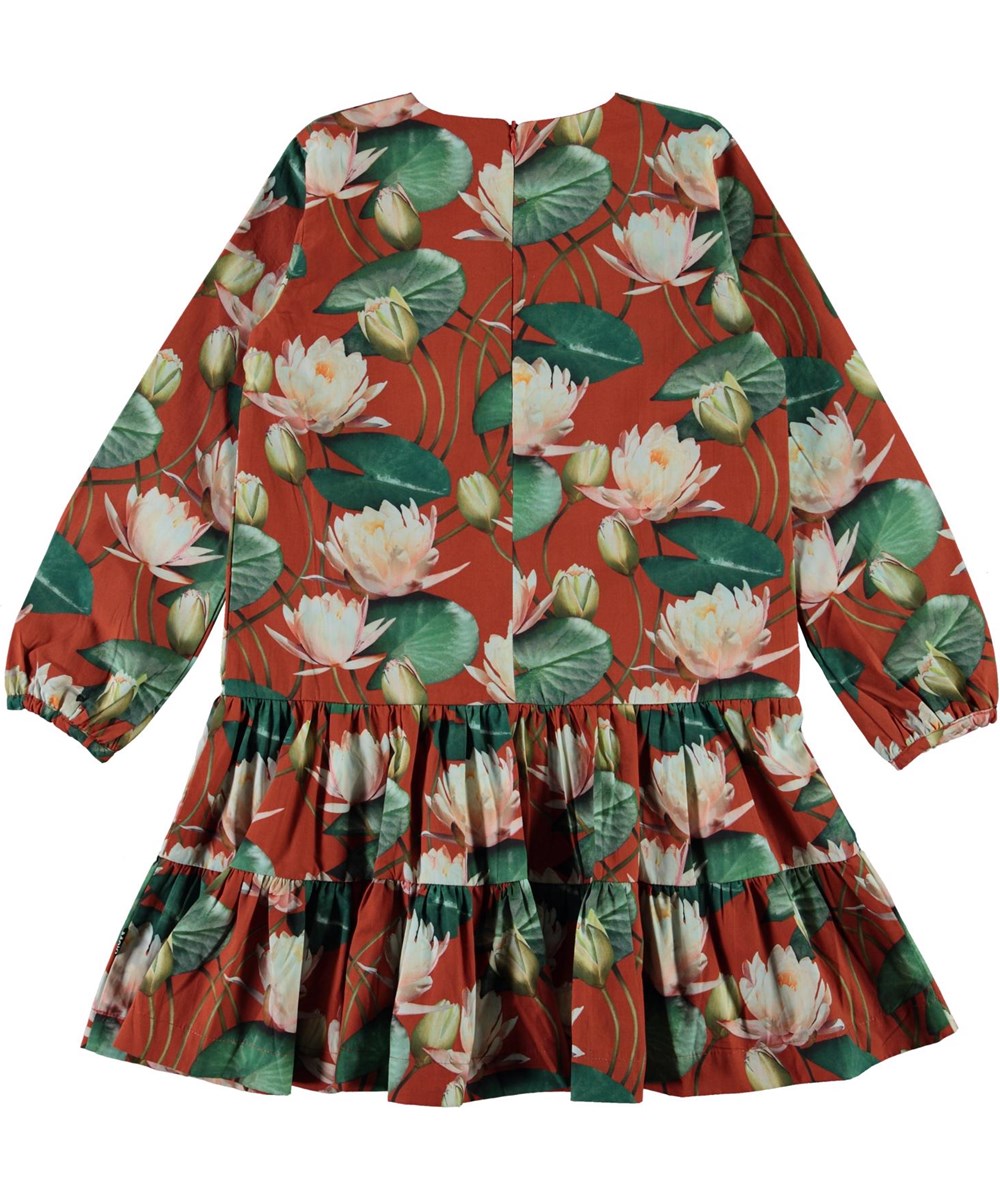 Cora - Autumn Lilies - Brown organic dress with water lily print