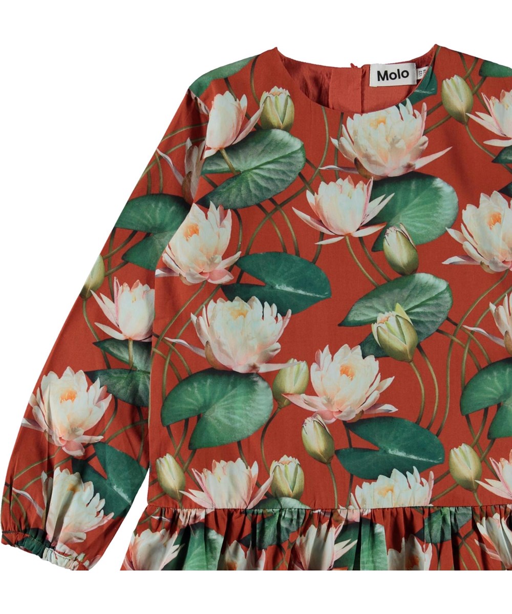 Cora - Autumn Lilies - Brown organic dress with water lily print