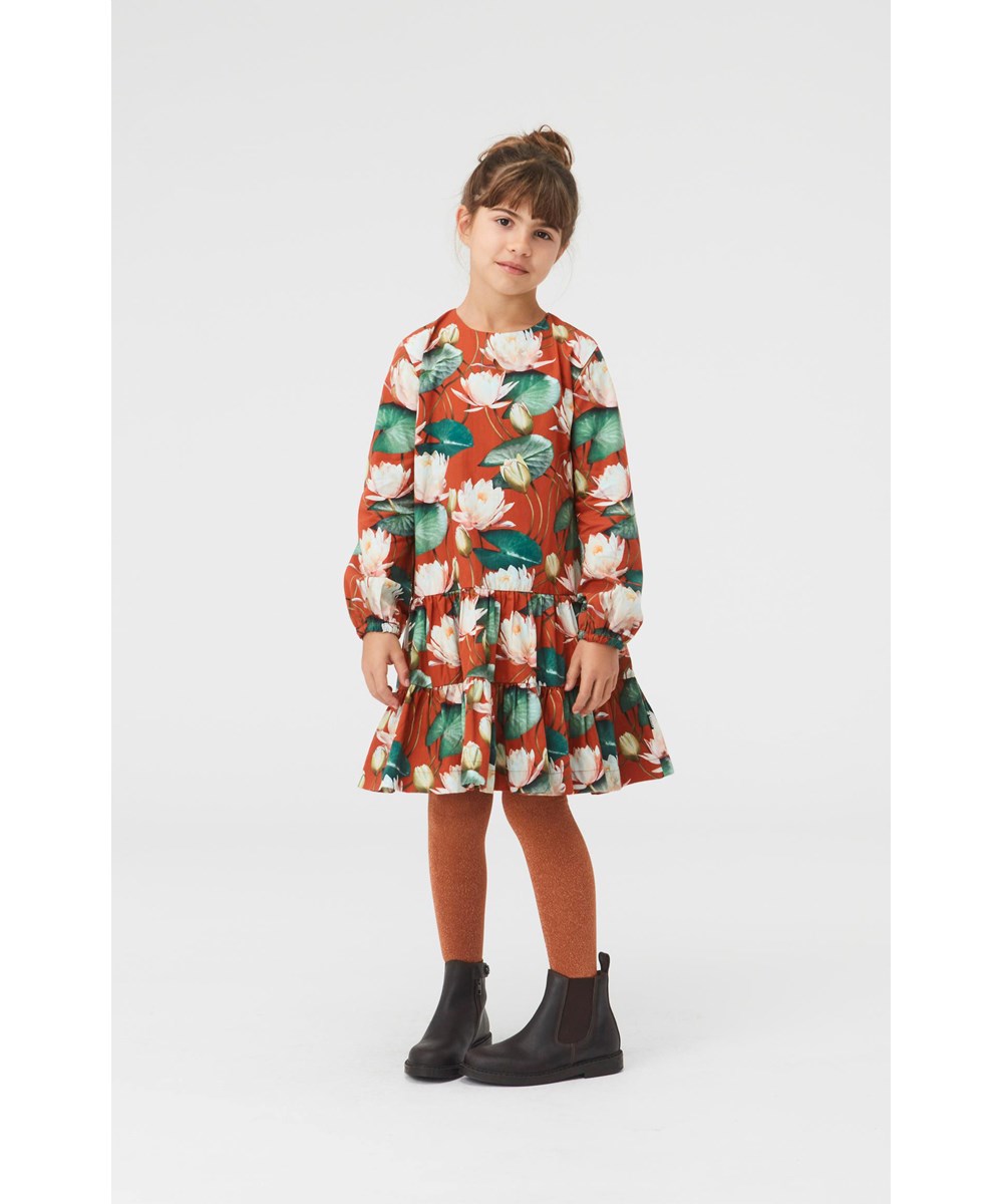 Cora - Autumn Lilies - Brown organic dress with water lily print
