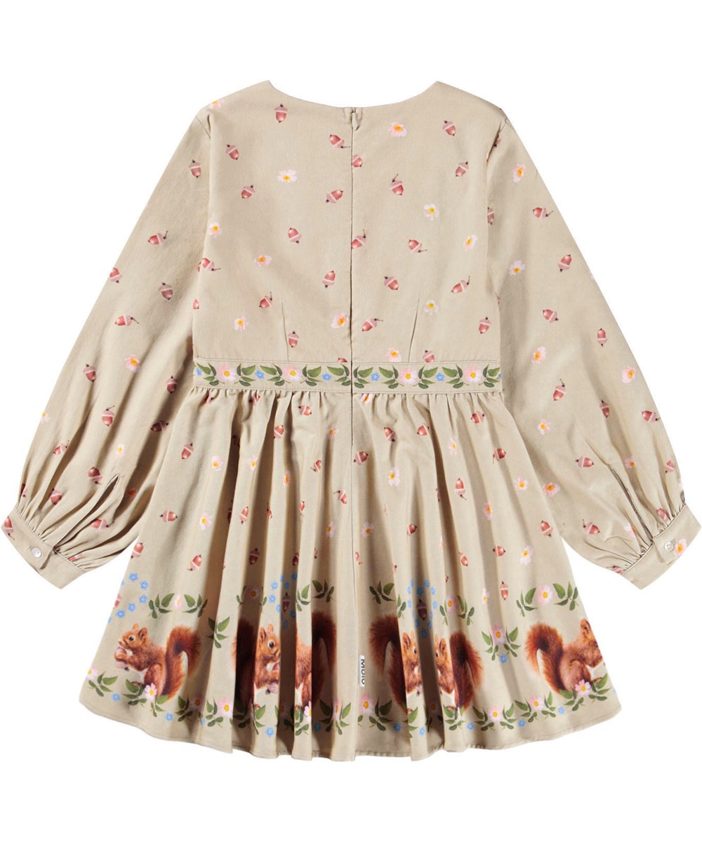 Coralie - Acorn Squirrels - Long-sleeved dress for children made of organic cotton poplin with a print of flowers, acorns, and small squirrels.