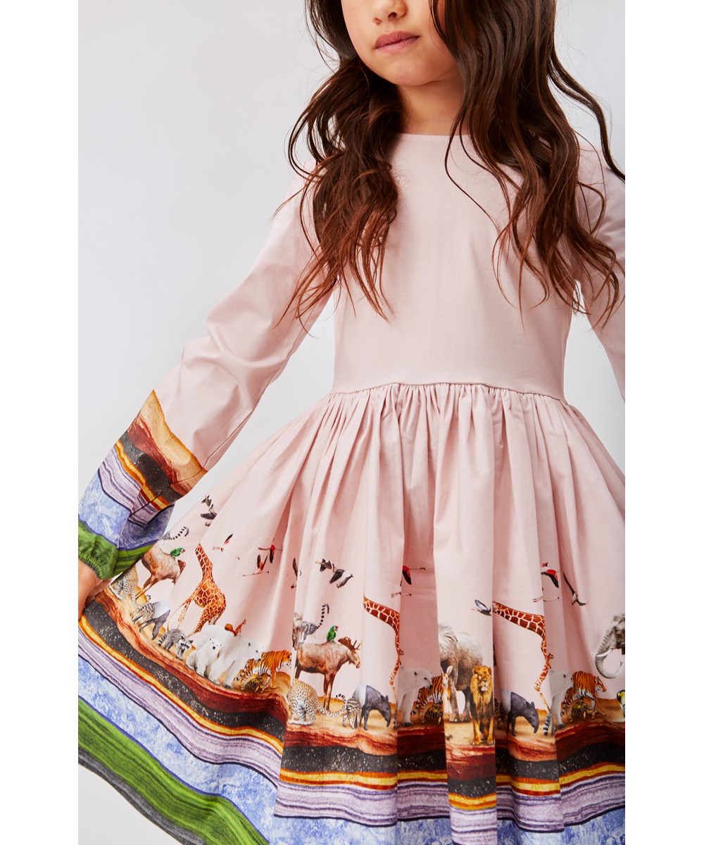 Cordelle - Stripy Savannah - Pink organic dress with long sleeves and wide stripes