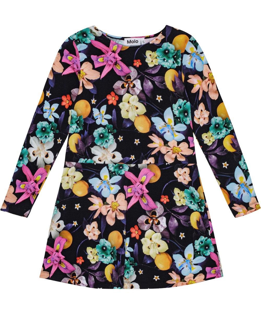 Corelie - Garden Of Plenty - Black long-sleeved dress in stretchy organic cotton with floral print.