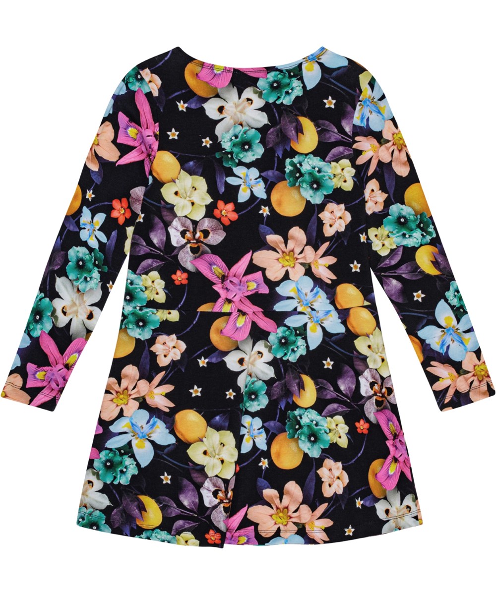 Corelie - Garden Of Plenty - Black long-sleeved dress in stretchy organic cotton with floral print.