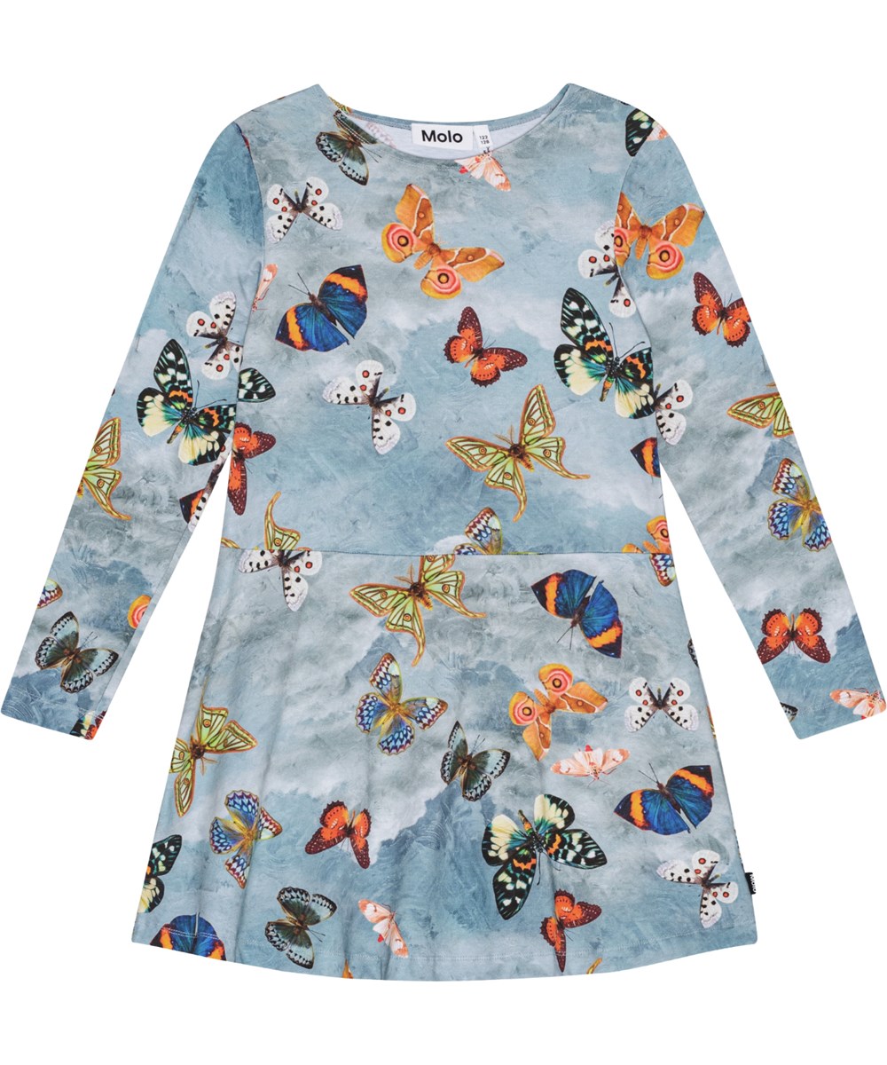 Corelie - Les Papillons - Blue long-sleeved organic cotton dress with butterfly print, mid-knee length.
