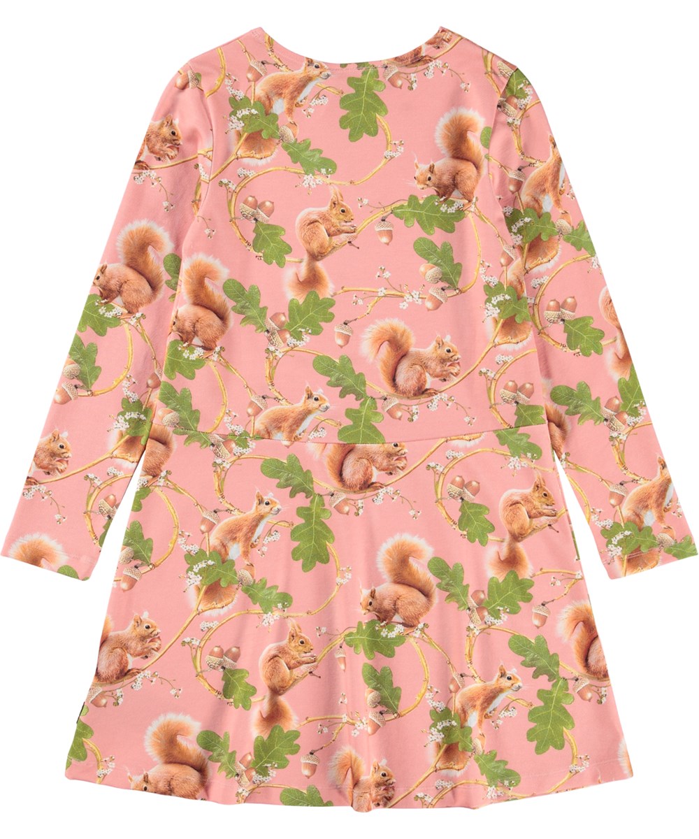 Corelie - Squirrel Forest - Brown long-sleeved dress for children made of stretchable organic cotton with a print of cute animals.