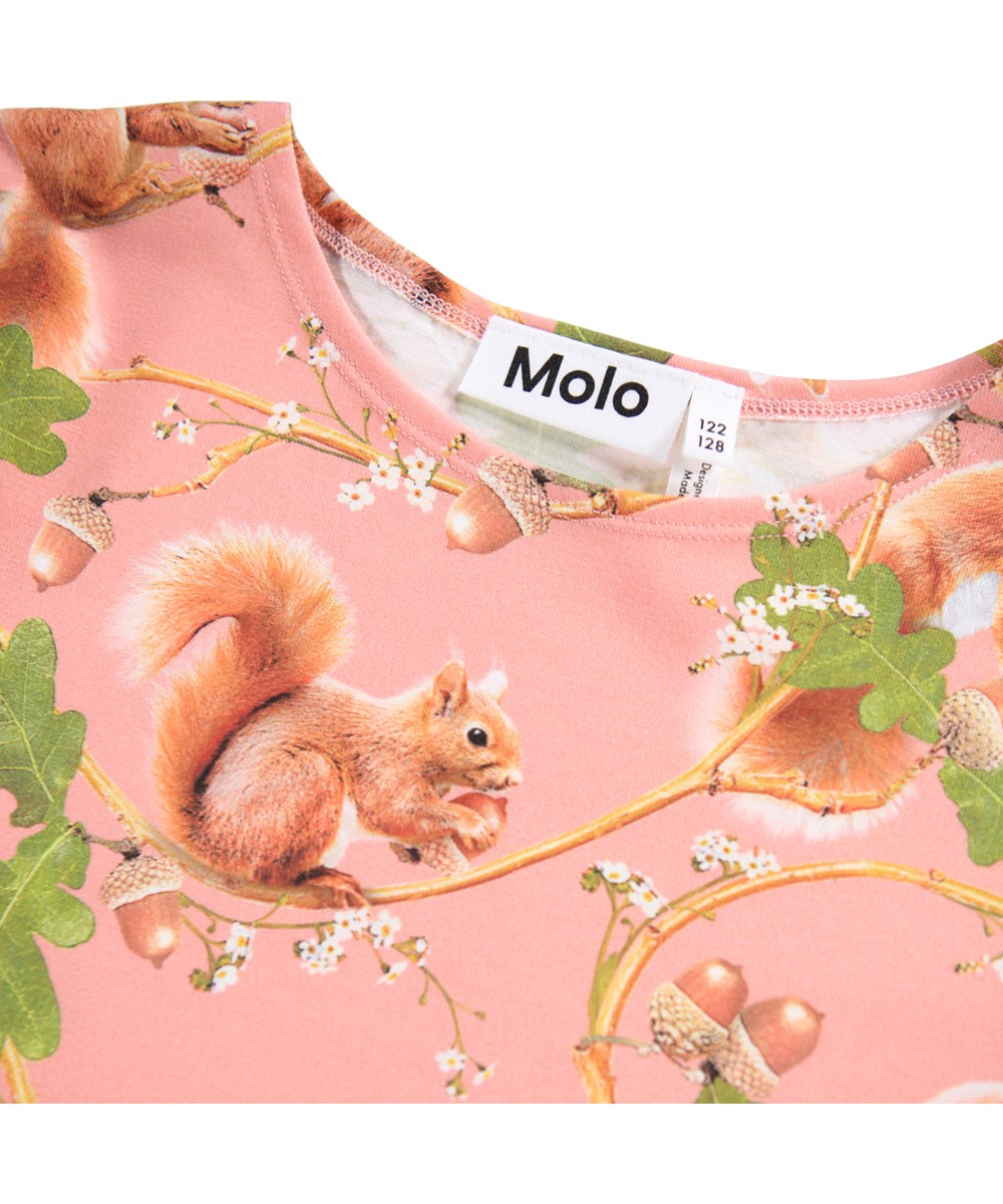 Corelie - Squirrel Forest - Brown long-sleeved dress for children made of stretchable organic cotton with a print of cute animals.