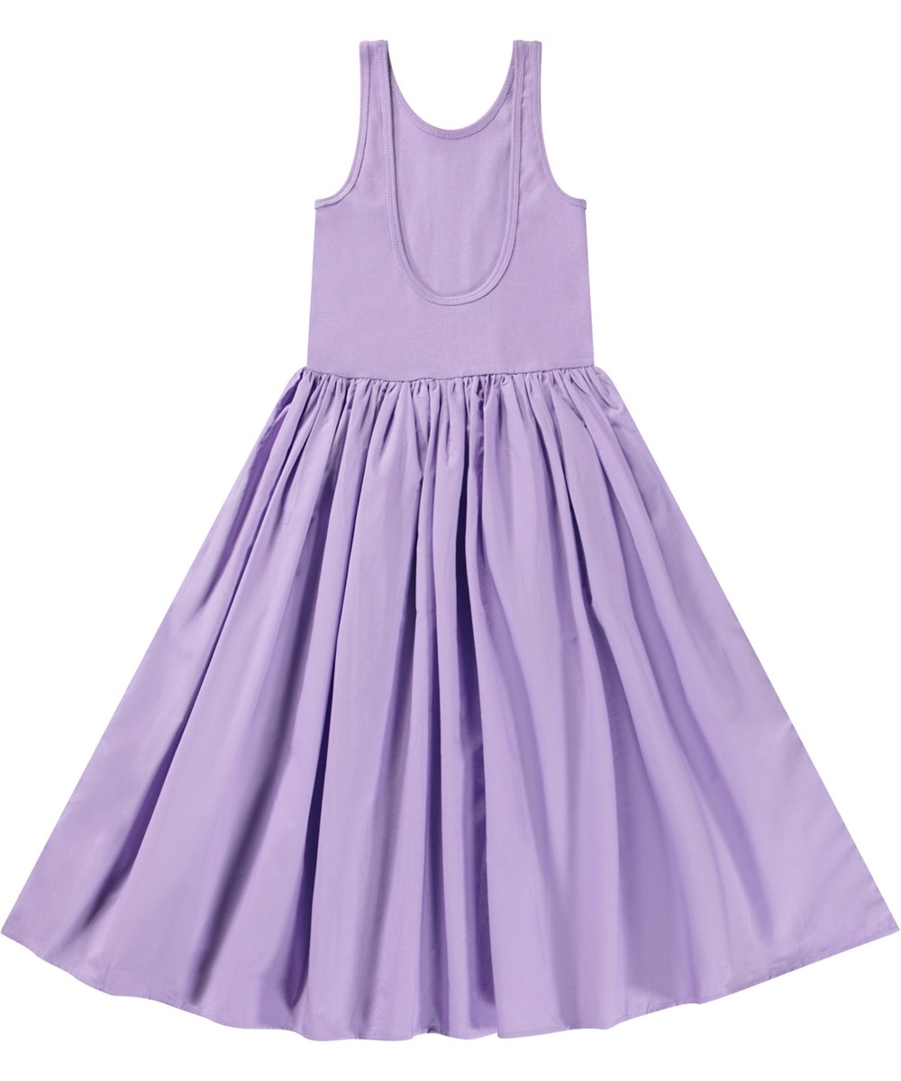 Corella - Violaceous - Purple dress for children in organic cotton with a voluminous poplin skirt.