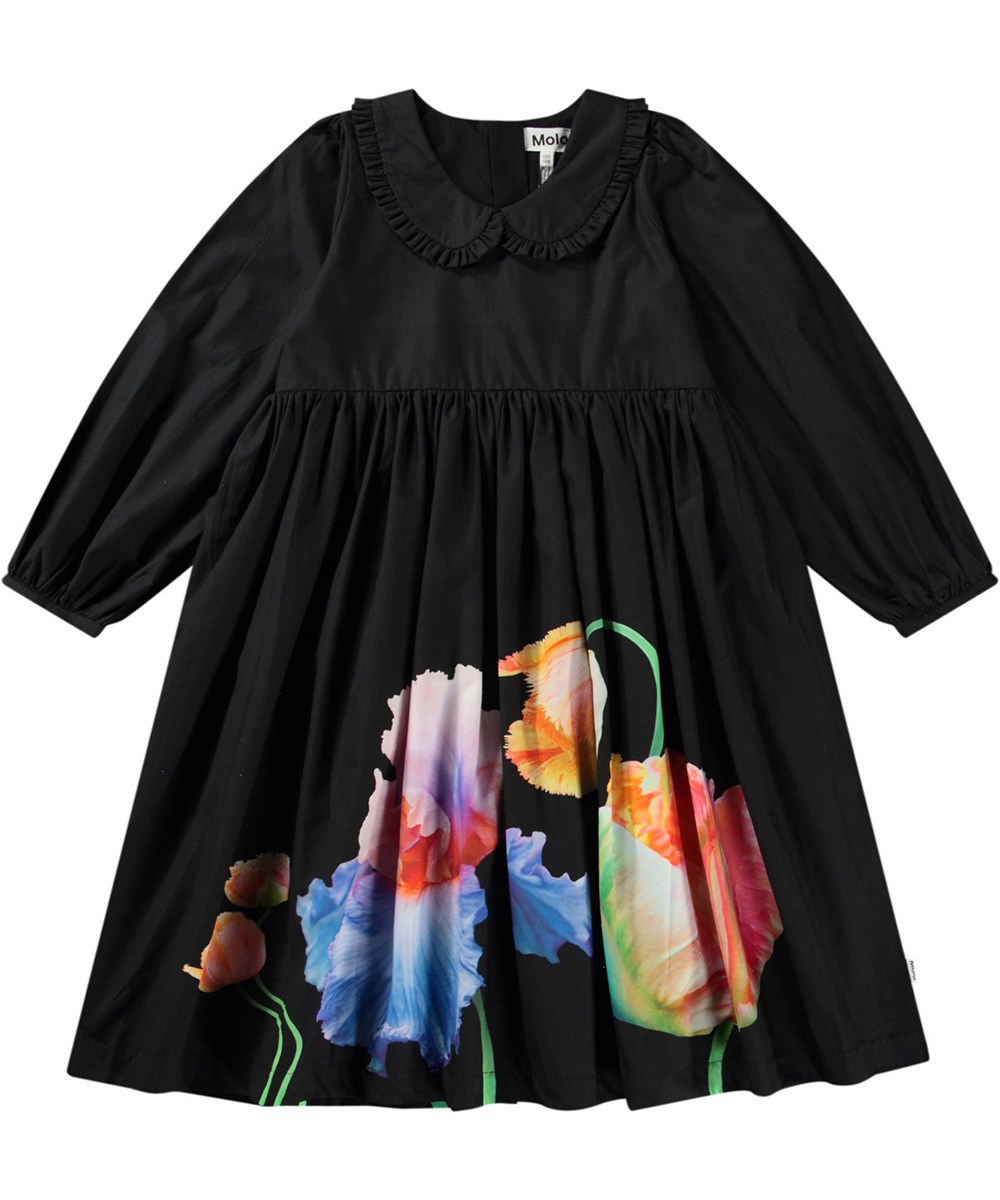 Corinne - Night Tulips - Black knee-length dress for children in organic cotton with collar and ruffle edge.