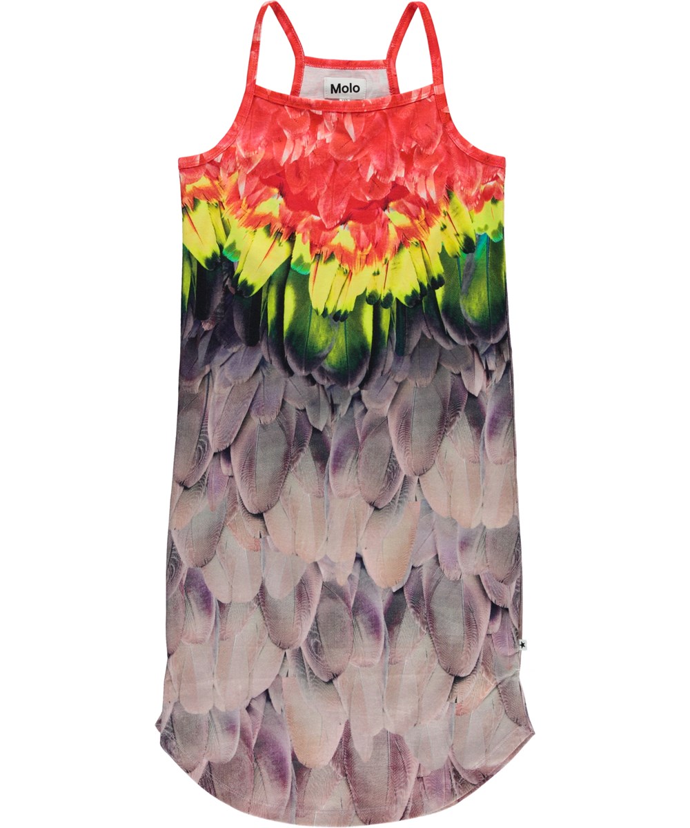 Cortney - Amazon Parrots - Dress with straps and feather print 