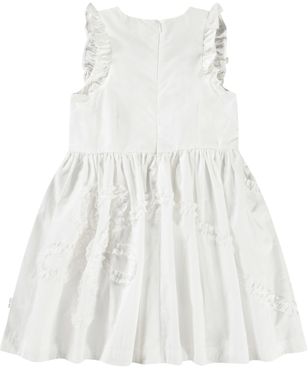 Cortney - Crisp White - White knee-length dress for children in organic cotton with a fabric embroidery on the skirt.