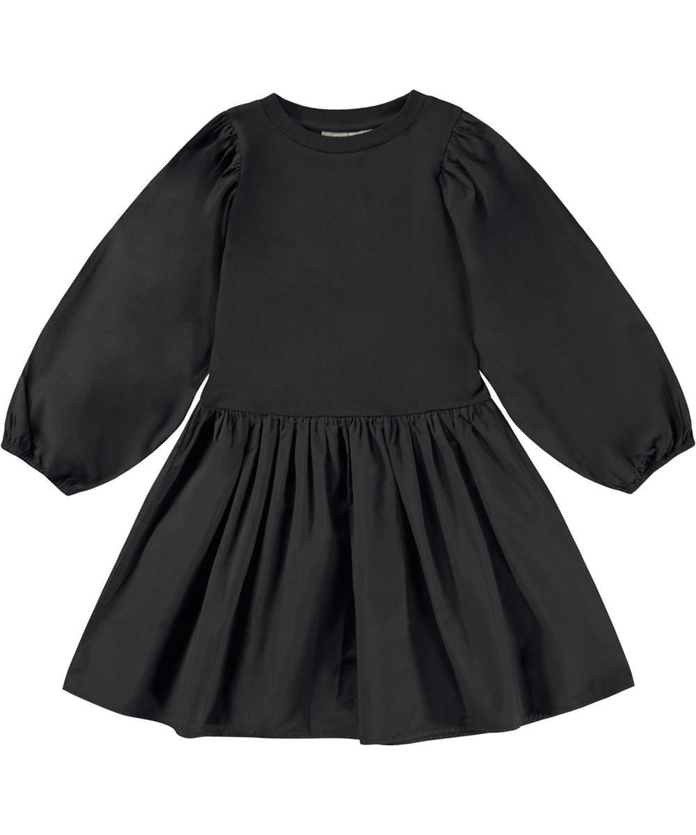 Cosette - Black - Black knee length organic dress with poplin sleeve and skirt 