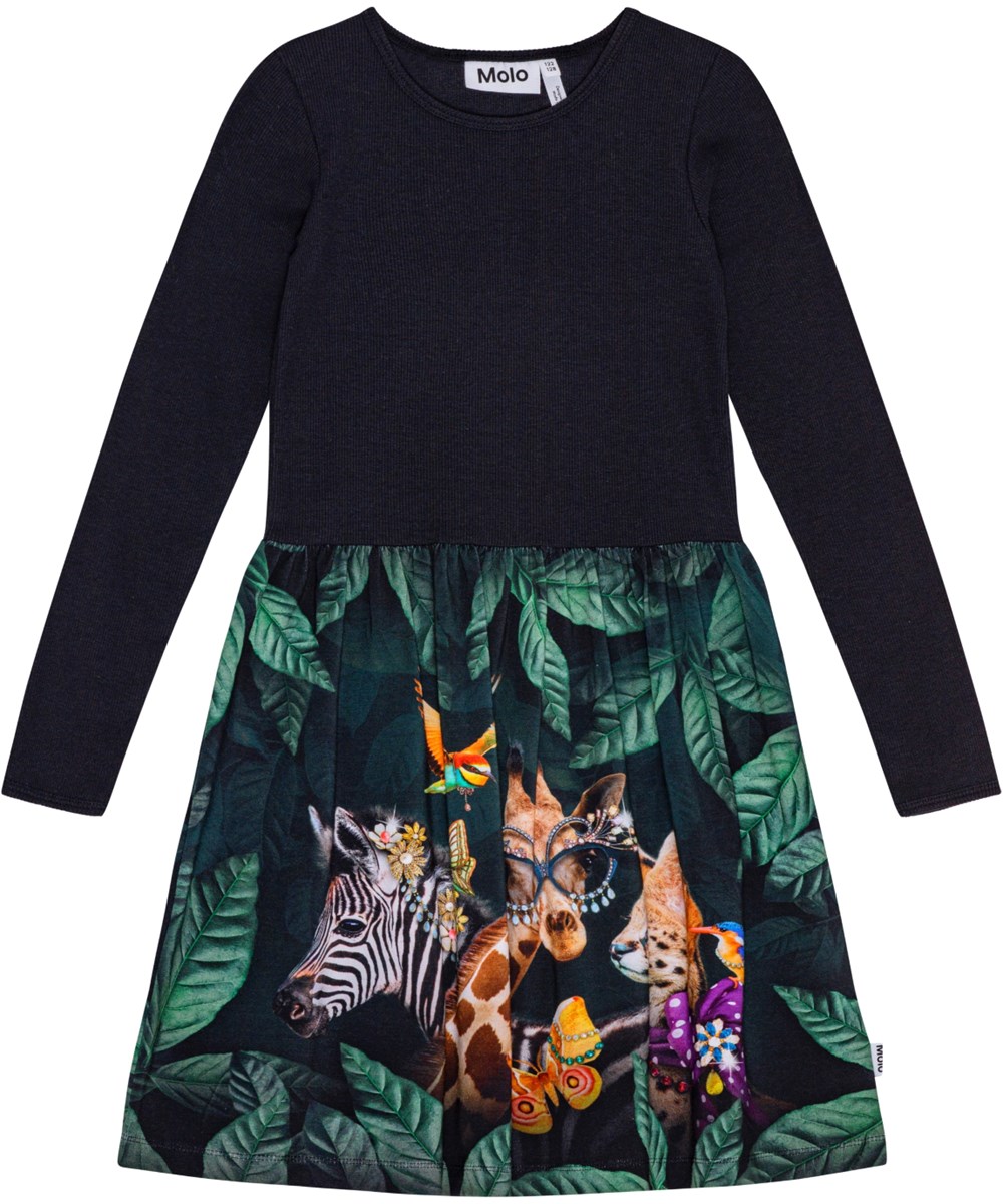 Credence - Avant-Garde - Black long-sleeved dress in organic cotton with green leaf print.