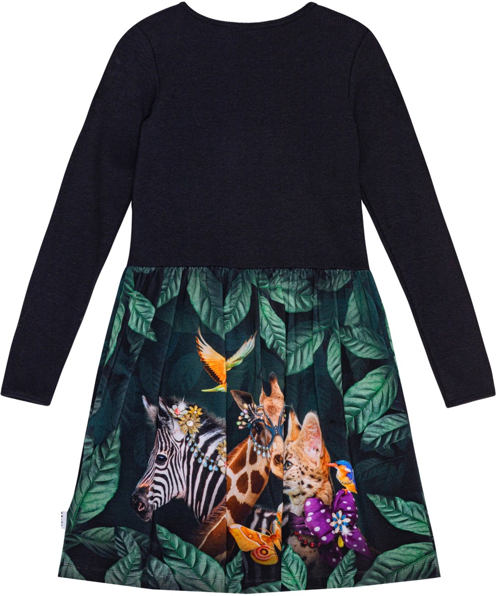 Credence - Avant-Garde - Black long-sleeved dress in organic cotton with green leaf print.