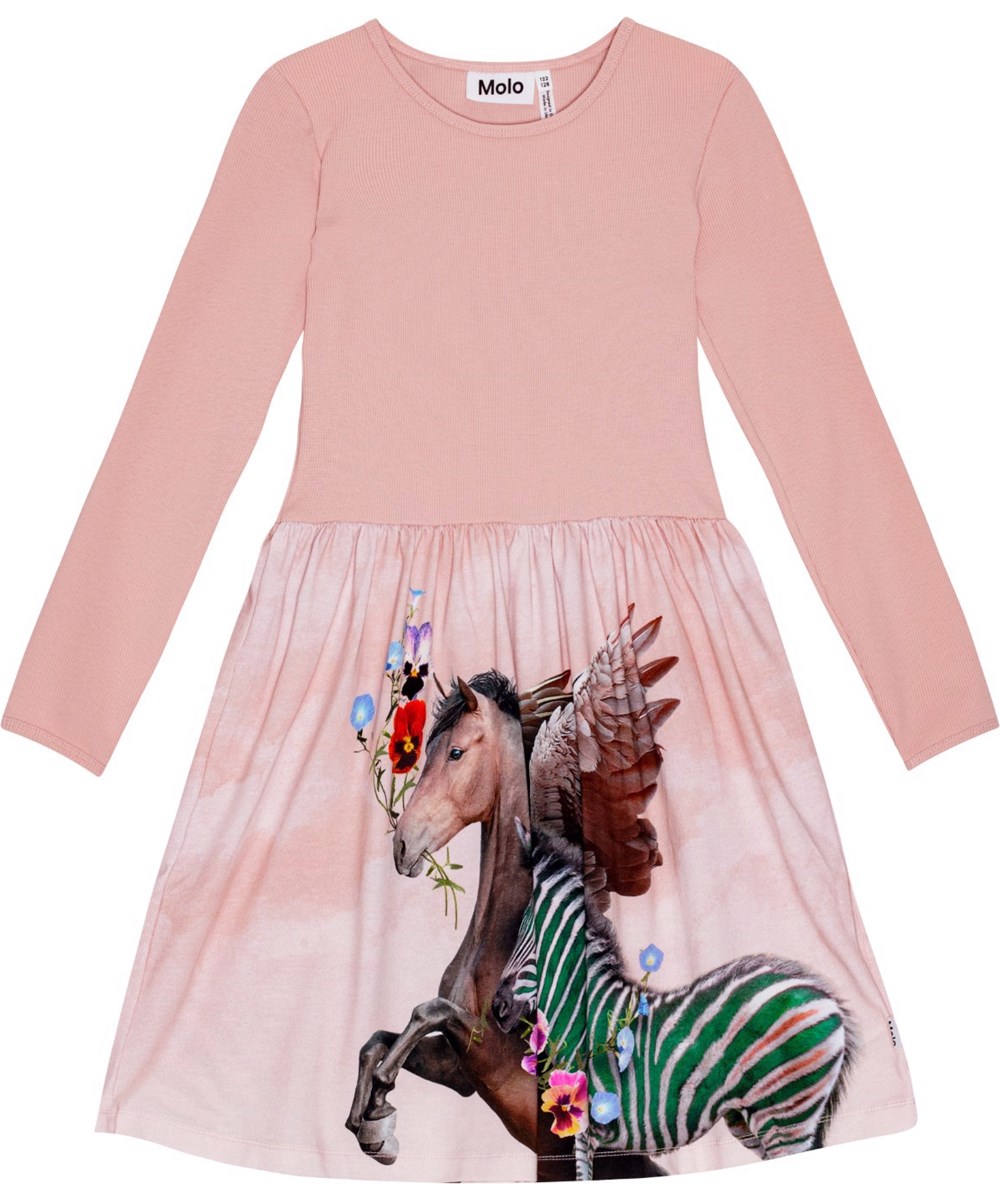 Credence - Bringing Gifts - Powder-coloured long-sleeved dress in organic cotton with pegasus and zebra print.