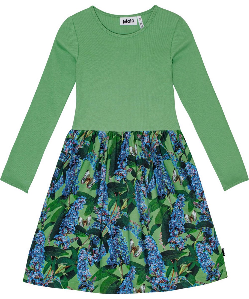 Credence - Buddleja Garden - Green organic cotton dress with ribbed top and printed skirt.