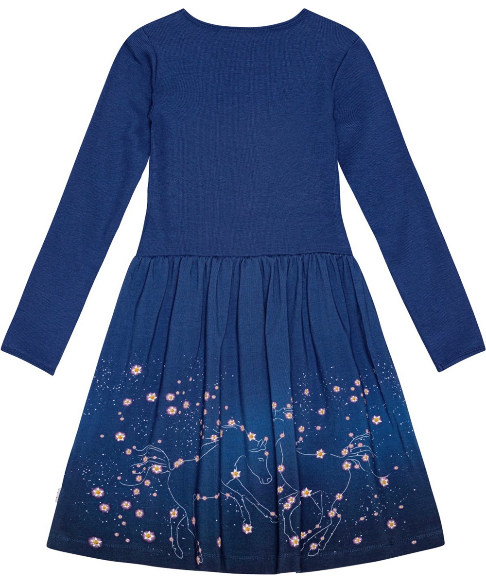Credence - Flower Sign - Navy long-sleeved dress in organic cotton with playful horse print.
