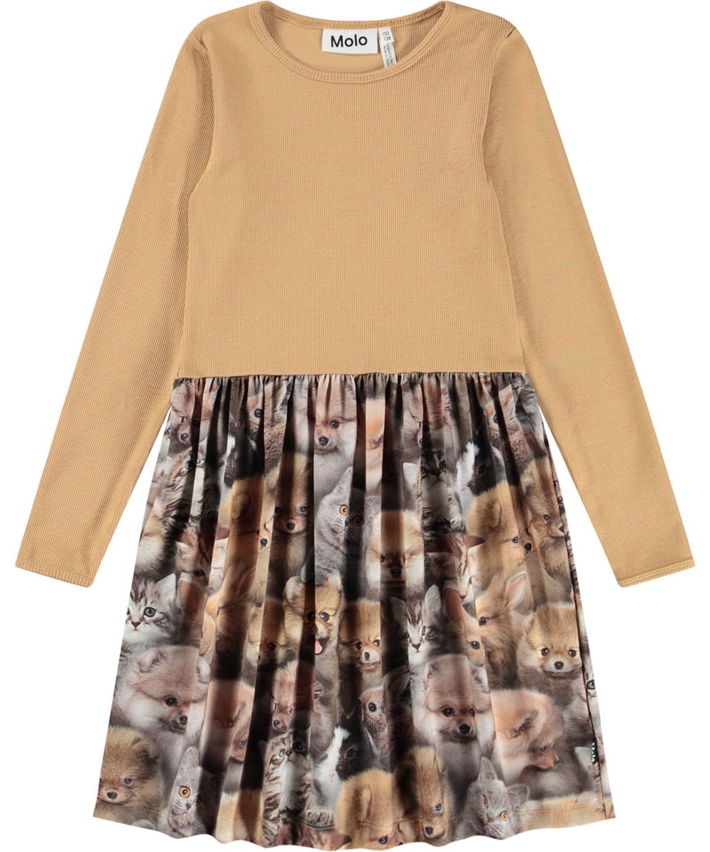 Credence - Fuzzy Fluffy - Brown long-sleeved dress for children made of organic cotton, combining a close-fitting top in ribbed jersey with a smooth jersey skirt.