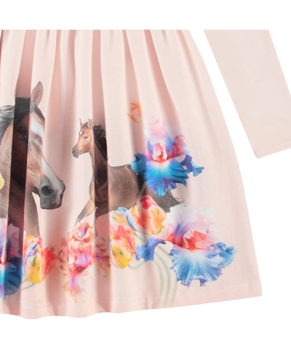 Credence - Horses - Pink long-sleeved dress for children in organic cotton, combining a snug-fitting top in ribbed jersey with a smooth jersey skirt.
