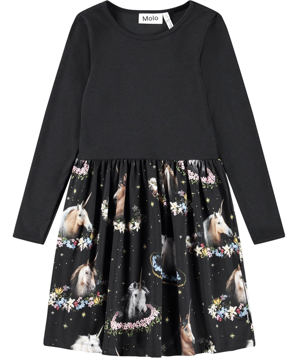Credence - Magical Galaxies - Black long-sleeved dress for children made of organic cotton, combining a close-fitting top in ribbed jersey with a smooth jersey skirt.