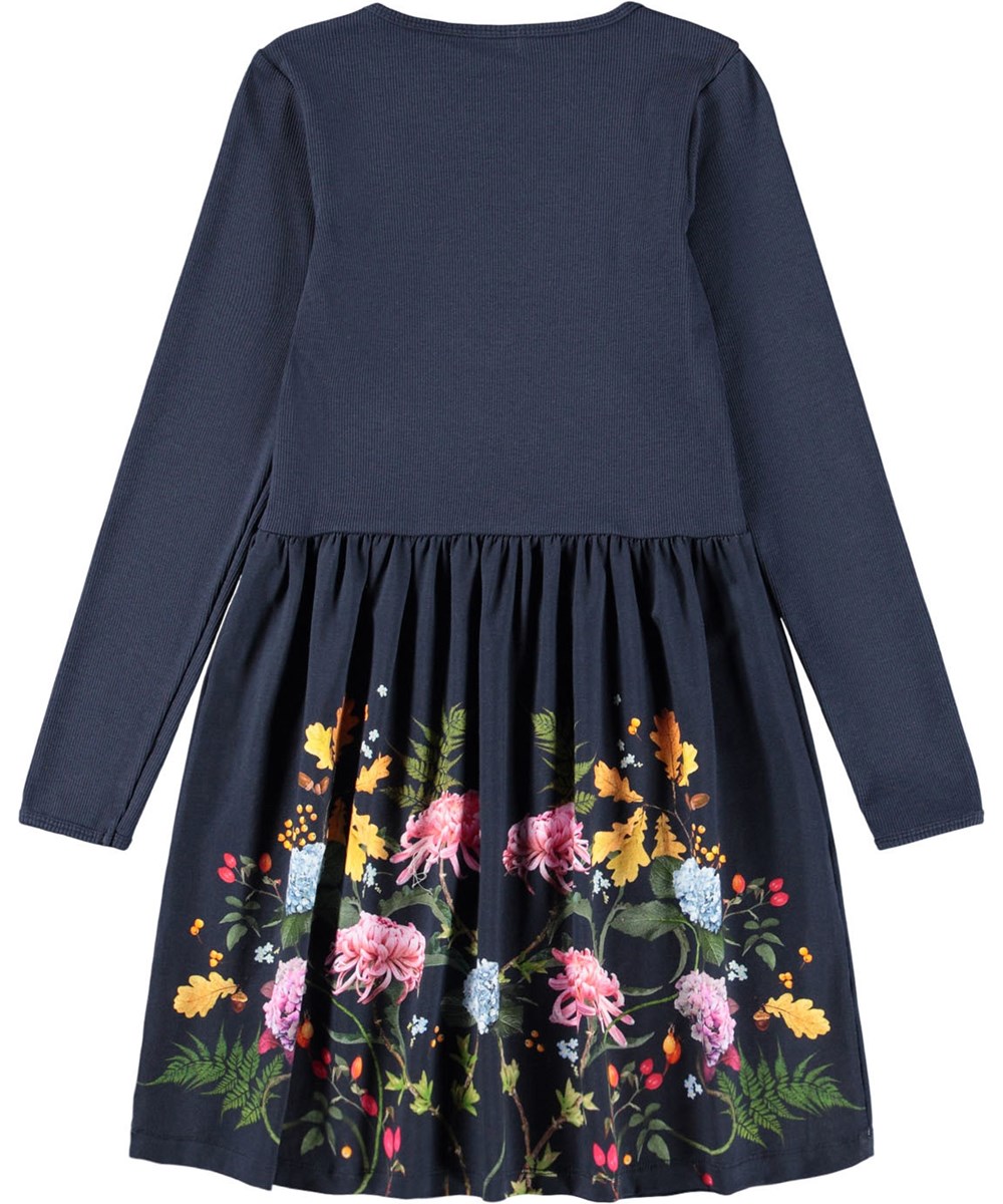Credence - Nouveau Garden - Dark blue long-sleeved dress for children made of organic cotton jersey with a print of leaves and flowers.