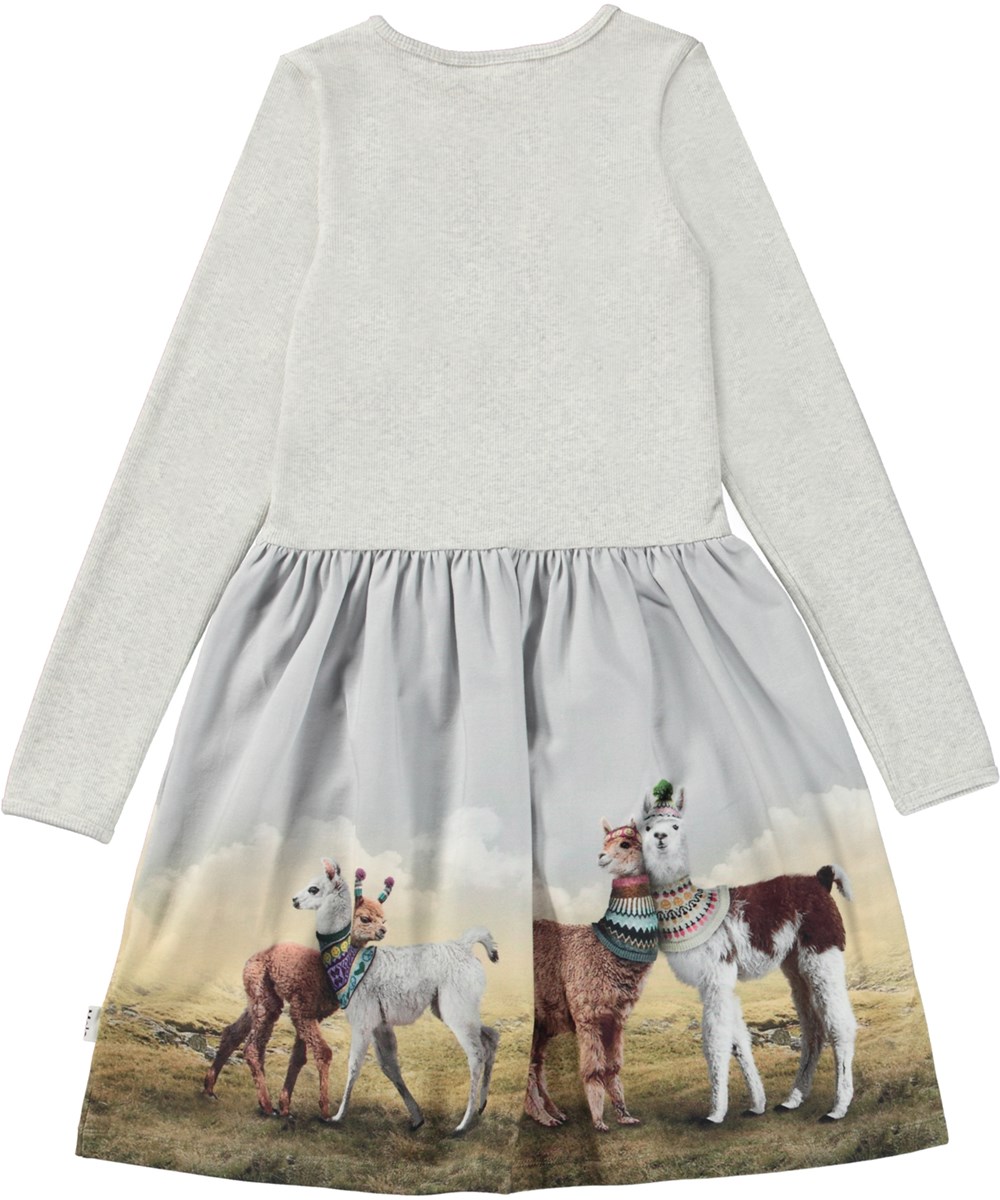 Credence - Out And About - Light grey knee length organic dress with llama print 