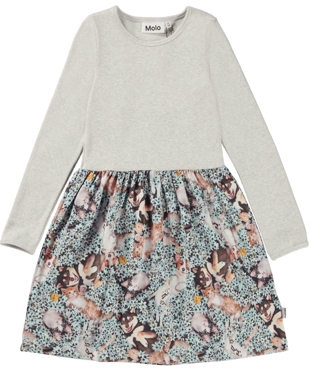 Credence - Park Life - Organic grey jersey dress with blue flowers and young animals 
