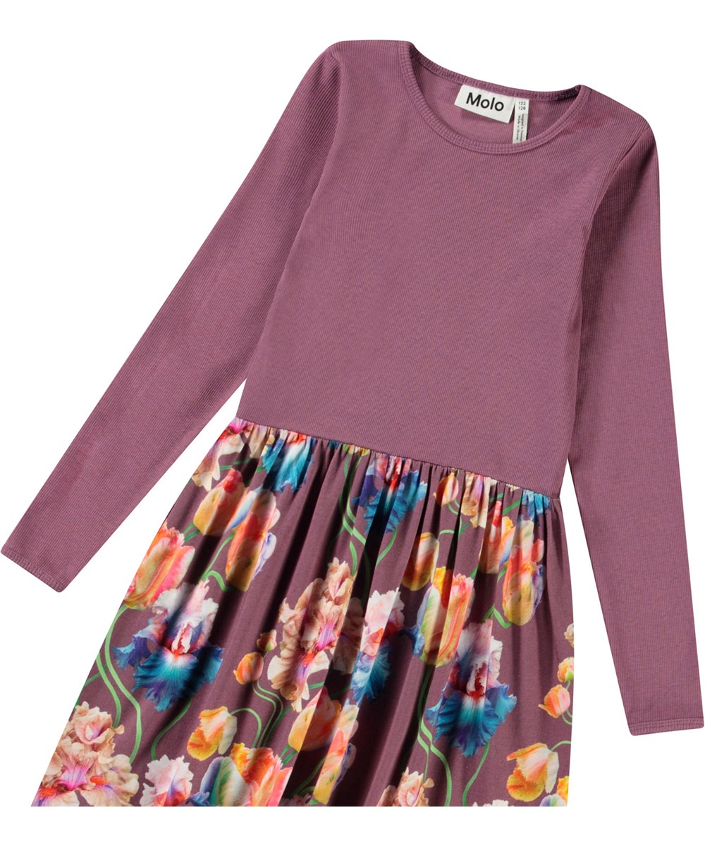 Credence - Rainbow Tulips - Purple long-sleeved dress for children in organic cotton, combining a snug-fitting top in ribbed jersey with a smooth jersey skirt.
