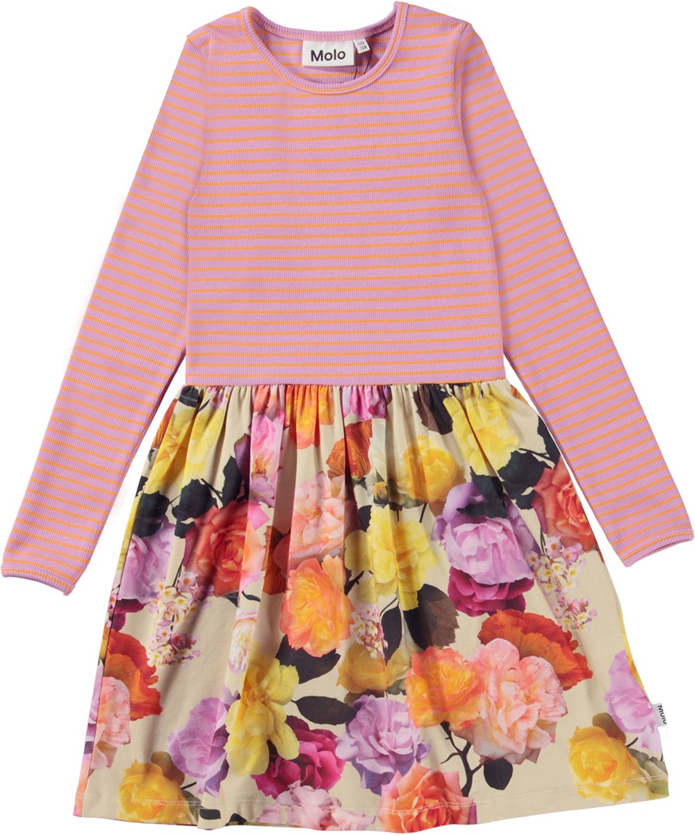 Credence - Rose Garden - Organic pink jersey dress with stripes and rose print