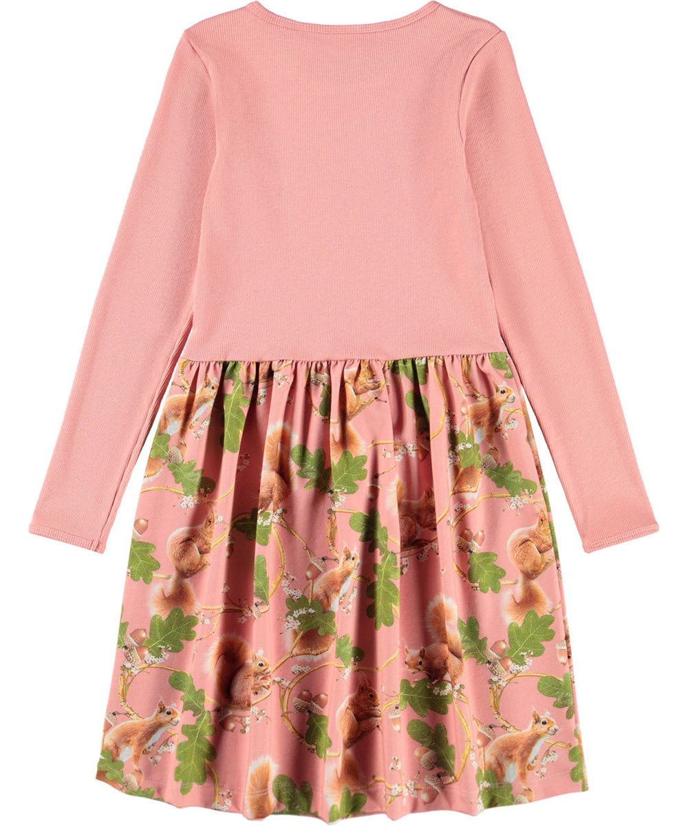 Credence - Squirrel Forest - Pink long-sleeved dress for children made of organic cotton, combining a close-fitting top in ribbed jersey with a smooth jersey skirt.