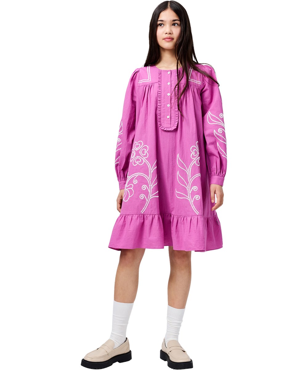 Crelo - Charisma - Purple dress for children made of organic cotton with an embroidery 