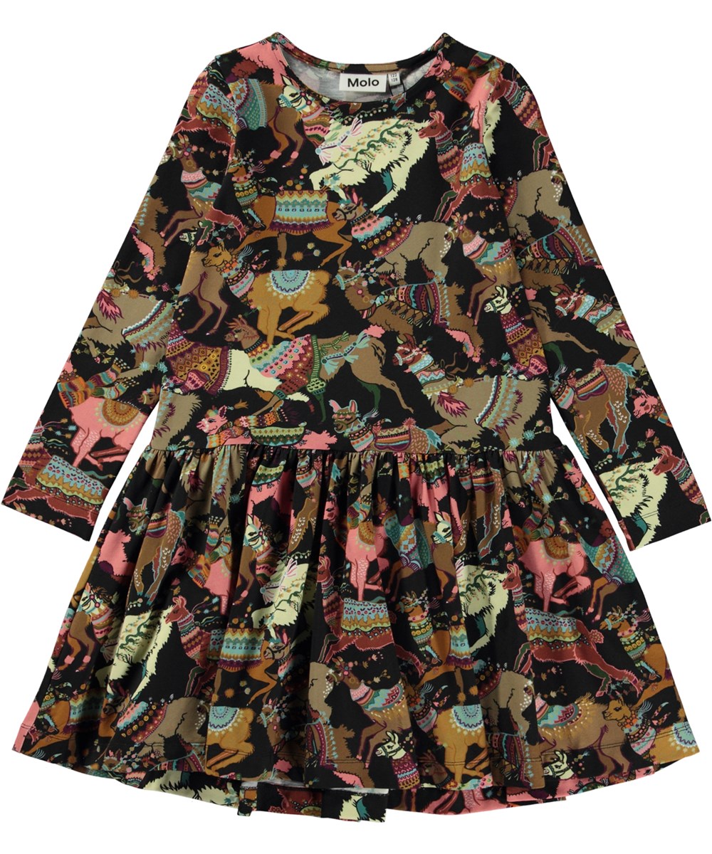 Creola - Lhama Joy Jersey - Black knee length organic dress with all over llama print 
