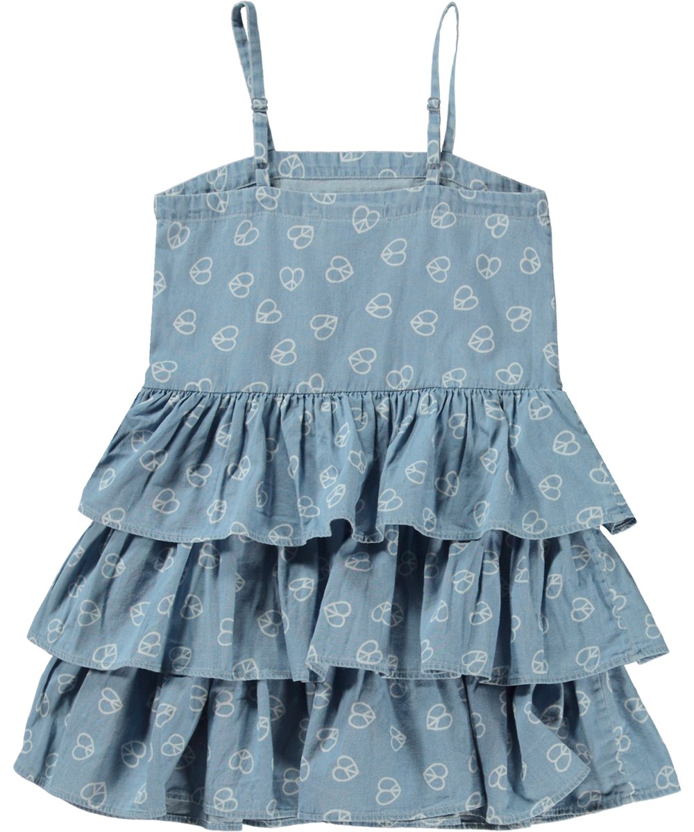 Crystal - Love Peace Blue - Blue organic strap dress with peace hearts