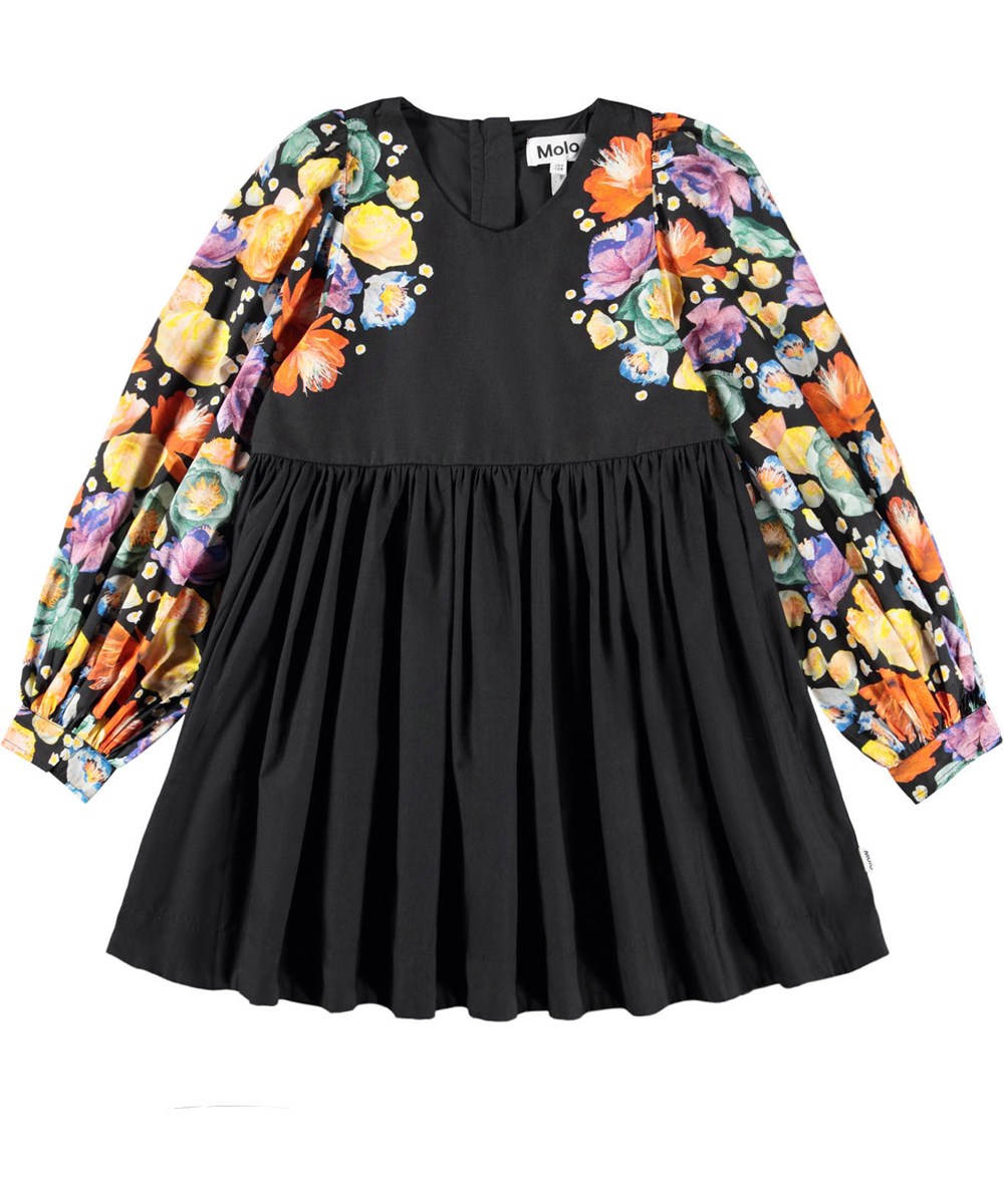 Cybil - Rainbow Flowers - Short black dress made of organic cotton poplin with a floral print.