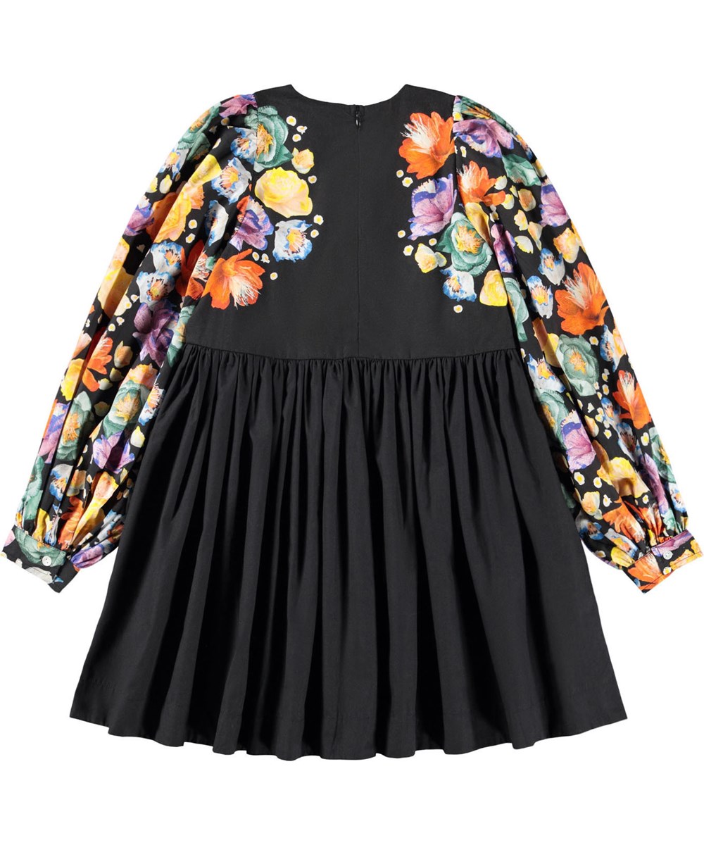Cybil - Rainbow Flowers - Short black dress made of organic cotton poplin with a floral print.