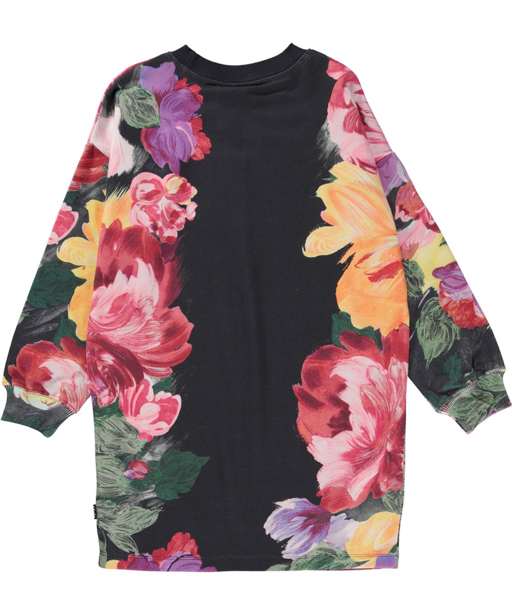 Cyrella - Floral Art - Black knee length sweatshirt dress with floral placement print 