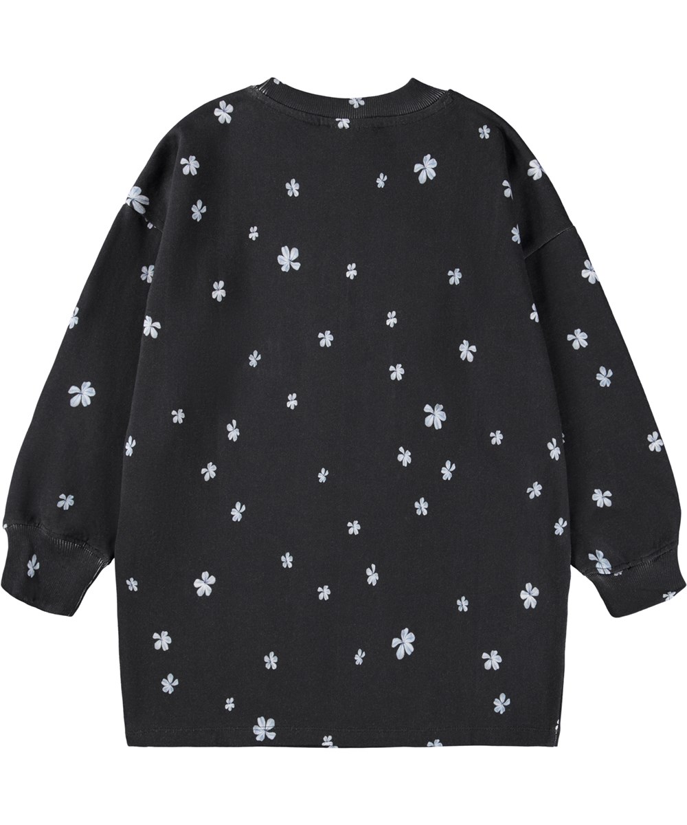 Cyrella - Flower Jump - Black sweatshirt dress for children made of organic cotton with a unicorn and flower print.