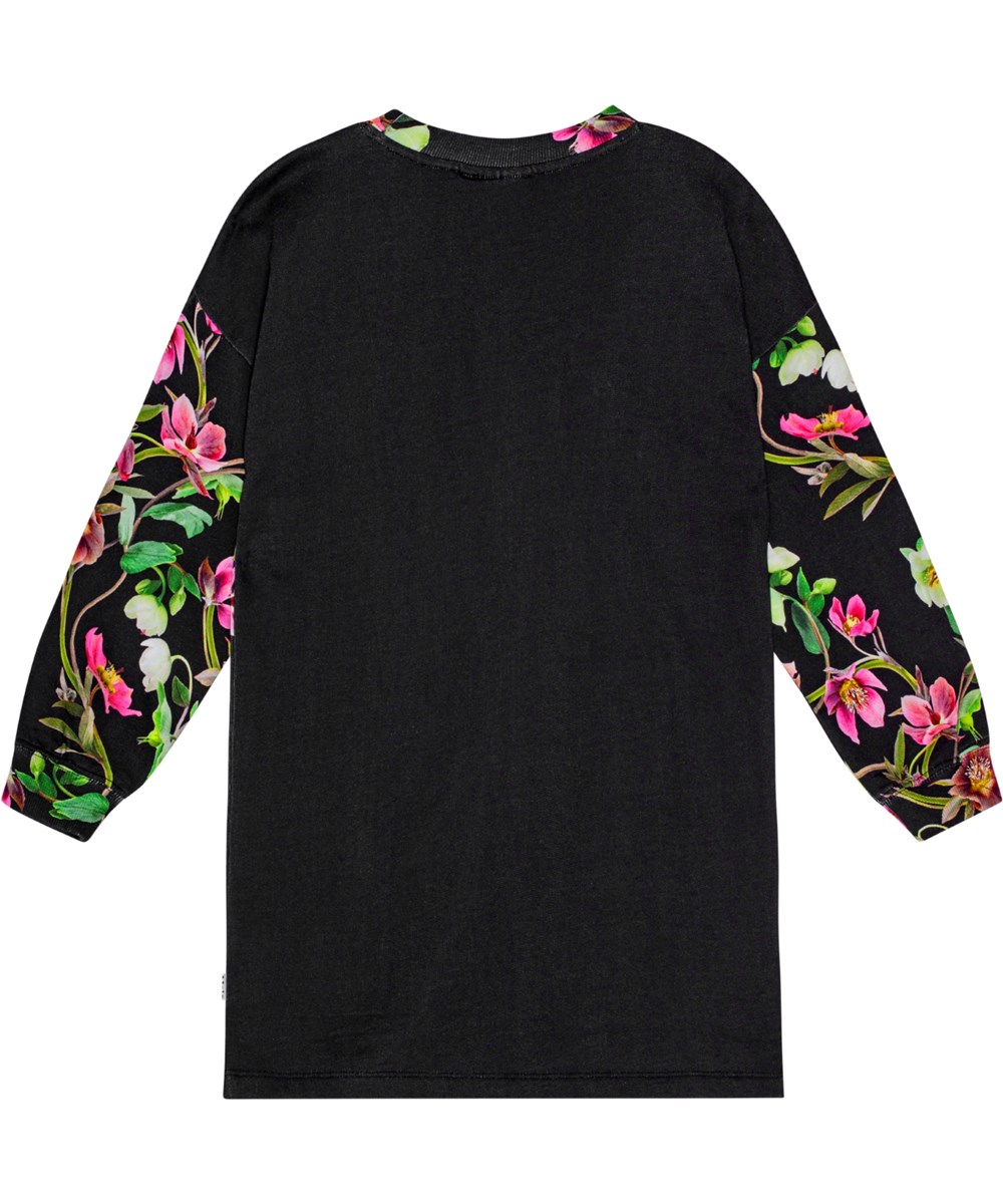 Cyrella - Night Dove - Knee-length black jersey dress in soft organic cotton with flower print.